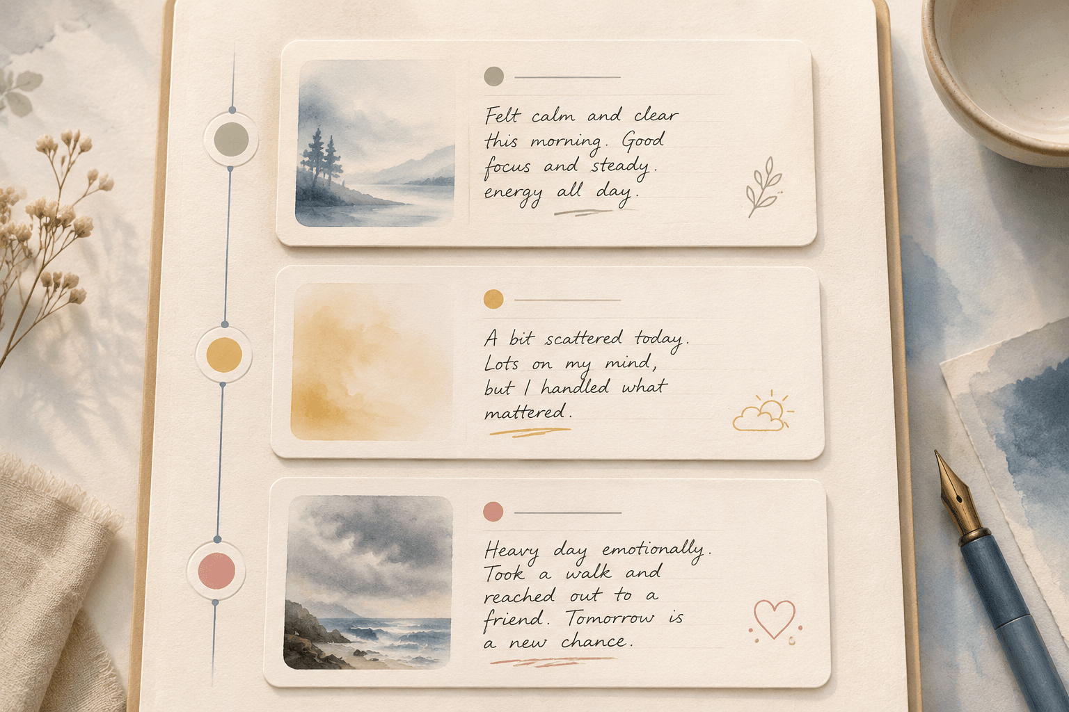 A journal timeline of stacked entries with colored concern dots